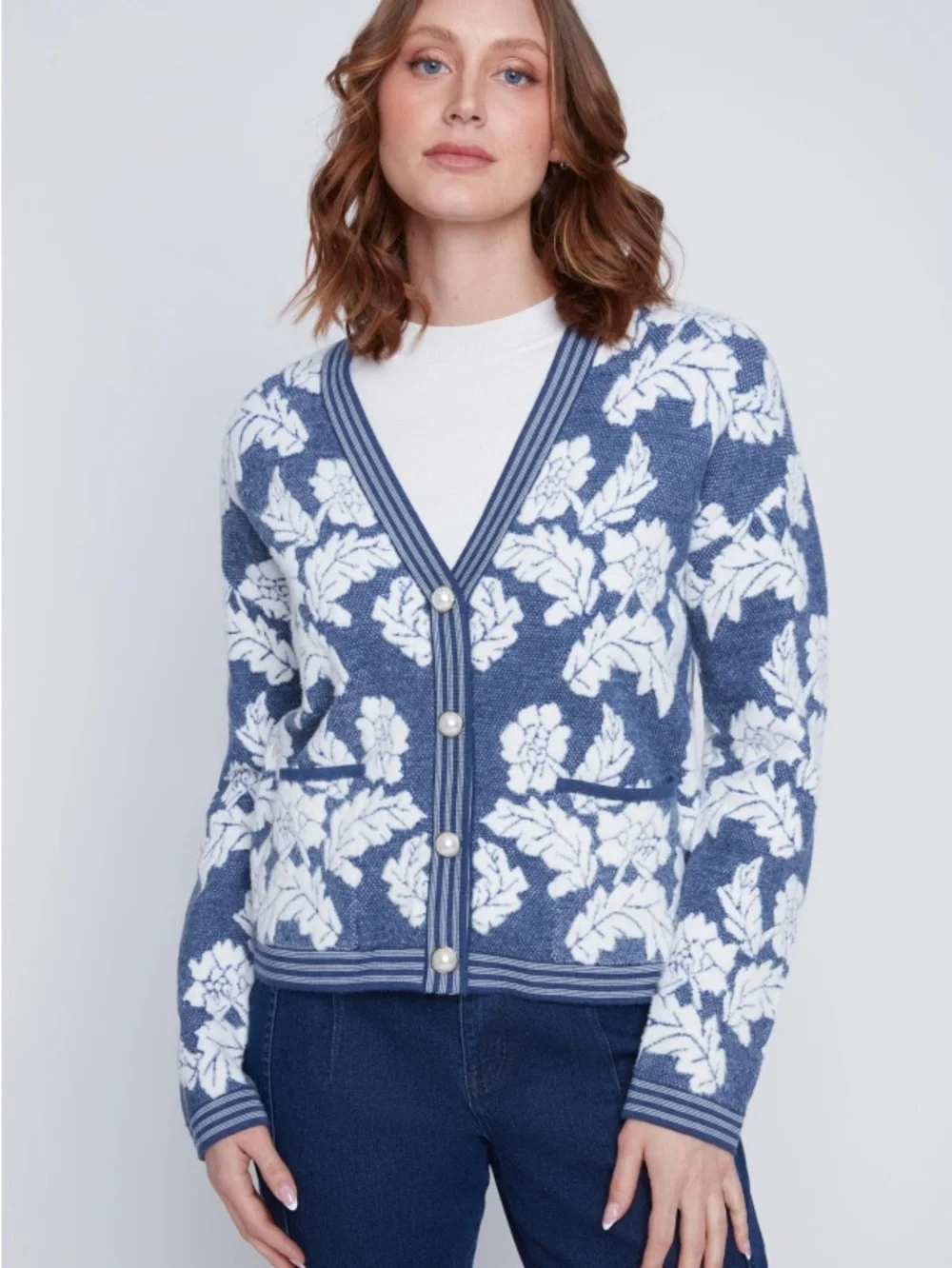 Coco Y Club Blue and White Floral V-Neck Cardigan with Pearl Buttons - Picture 1 of 7